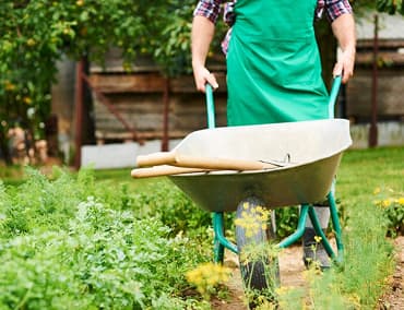 A person holding a green wheelbarrow